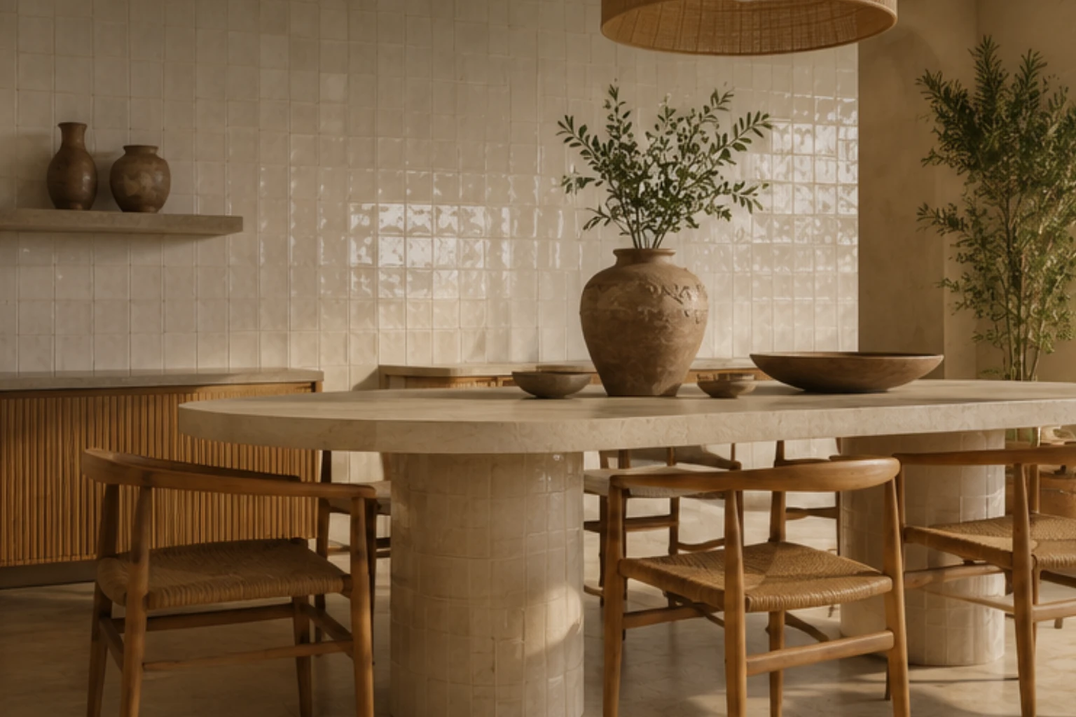 Contemporary Mediterranean living room featuring a handcrafted ceramic coffee table, natural stone flooring, organic furnishings, tropical plants, and panoramic ocean views, showcasing ceramic living and timeless architectural design.