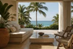 Luxury Mediterranean outdoor living space featuring handcrafted ceramic wall tiles, a bespoke ceramic dining table, natural stone flooring, organic furnishings, lush greenery, and panoramic sea views, showcasing contemporary ceramic architecture and timeless interior-exterior design.