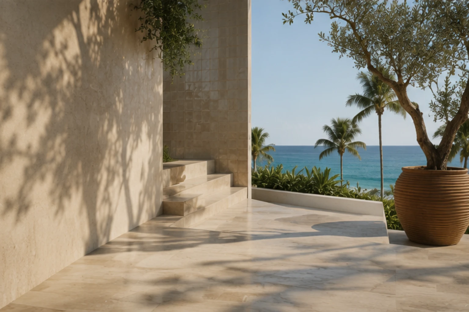 Contemporary Mediterranean architectural entrance featuring handcrafted ceramic wall tiles, natural stone flooring, minimalist architecture, an olive tree in a terracotta planter, and panoramic ocean views.